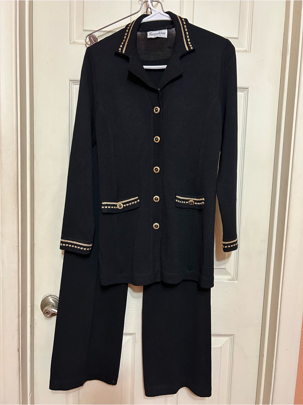 Vintage Two-Piece Women's Knit Pantsuit Gold Embellished M